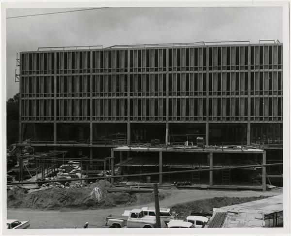 Frontal view of construction of the University Research Library, currently the Young Research Library
