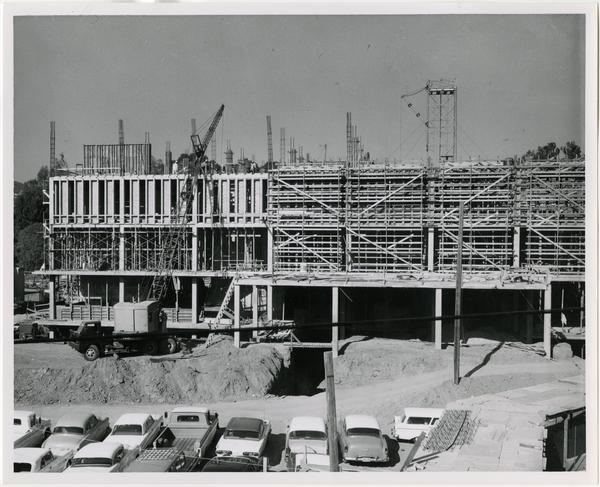 Frontal view of the construction of the University Research Library, December 1962