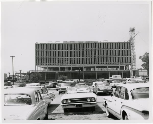Front exterior view of the University Research Library under construction, August 30, 1963