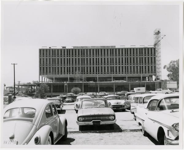 Front exterior view of the University Research Library under construction, August 27, 1963