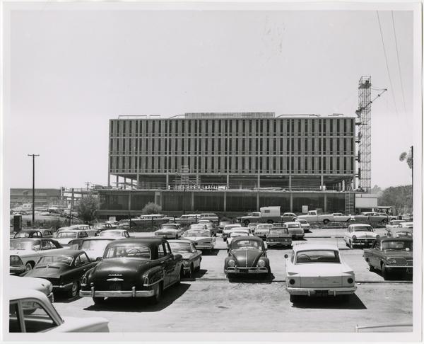 Front exterior view of the University Research Library under construction, August 9, 1963
