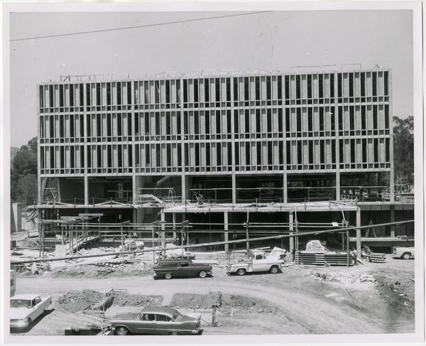Front exterior view of the University Research Library under construction, August 9, 1963
