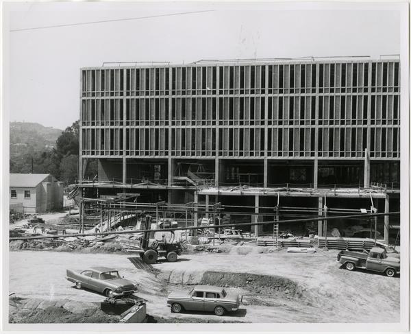 Front exterior view of the University Research Library under construction, July 19, 1963