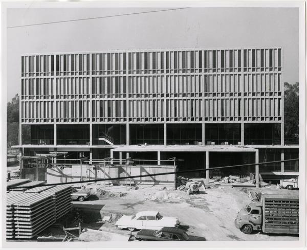 Front exterior view of the University Research Library under construction, October 25, 1963