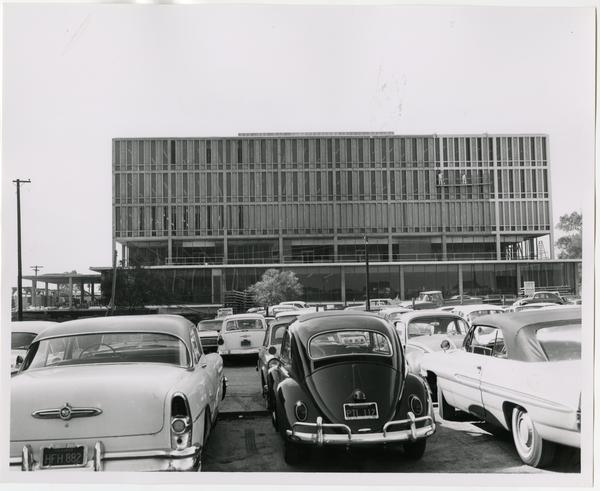 Front exterior view of the University Research Library under construction, October 18, 1963