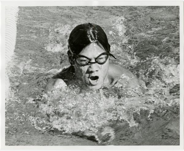 UCLA swim team member, Chris Woo, swimming, ca. 1979