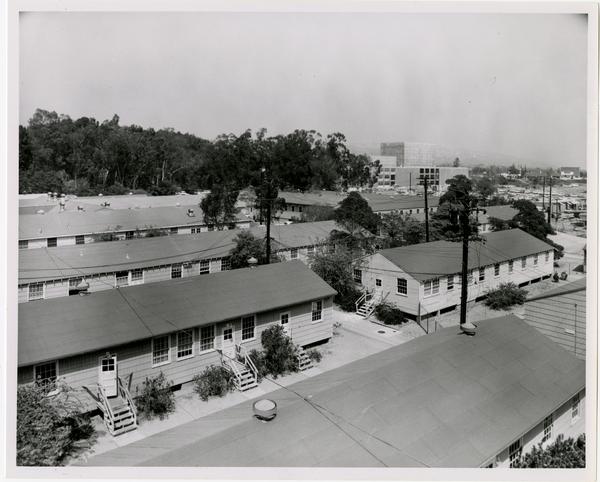 Temporary buildings southwest and west of University Research Library, October 4, 1962