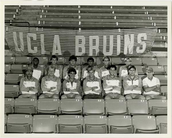 UCLA 1984 tennis team sitting in stadium seats