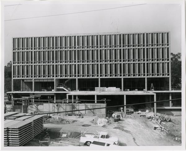 Front exterior view of the University Research Library under construction, October 11, 1963