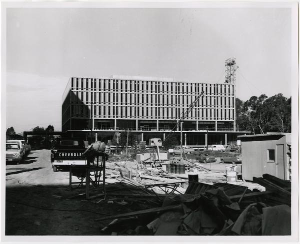Front exterior view of the University Research Library under construction, October 4, 1963