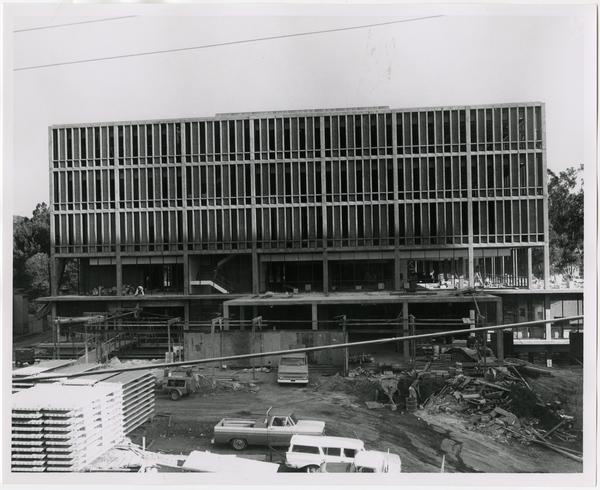 Front exterior view of the University Research Library under construction, September 27, 1963