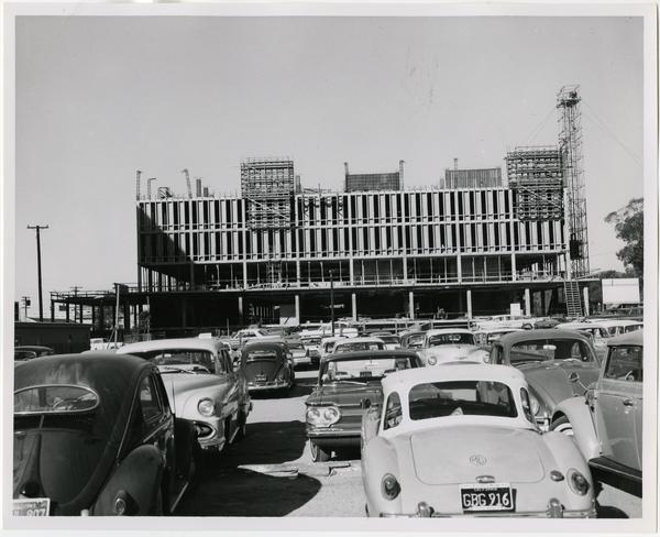 Front exterior view of the University Research Library under construction, March 4, 1963