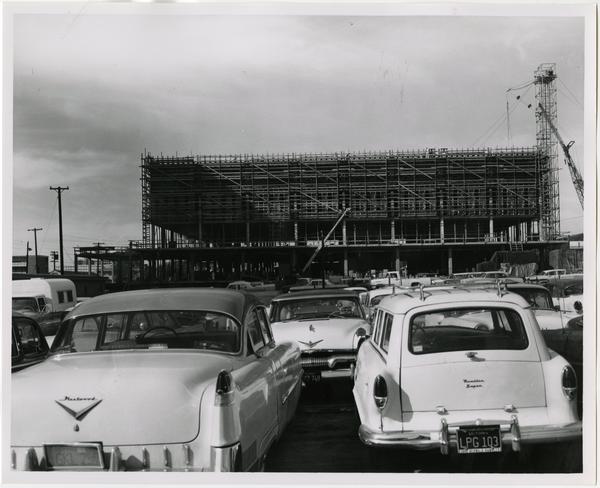 Front exterior view of the University Research Library under construction, February 4, 1963