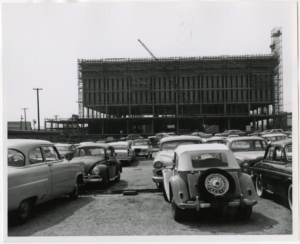 Front exterior view of the University Research Library under construction, March 18, 1963