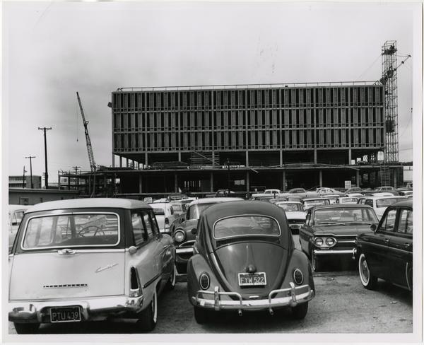 Front exterior view of the University Research Library under construction, April 19, 1963