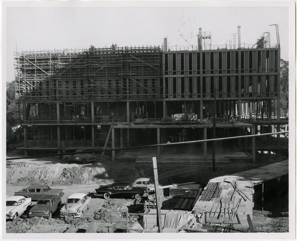 Front exterior view of the University Research Library under construction, February 25, 1963