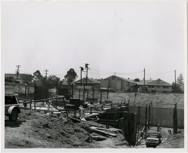 Front exterior view of the University Research Library under construction, July 20, 1962