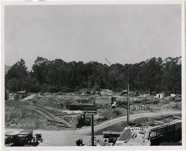 Front exterior view of the University Research Library under construction, June 29, 1962