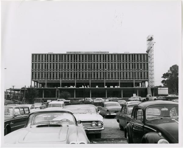 Front exterior view of the University Research Library under construction, September 13, 1963