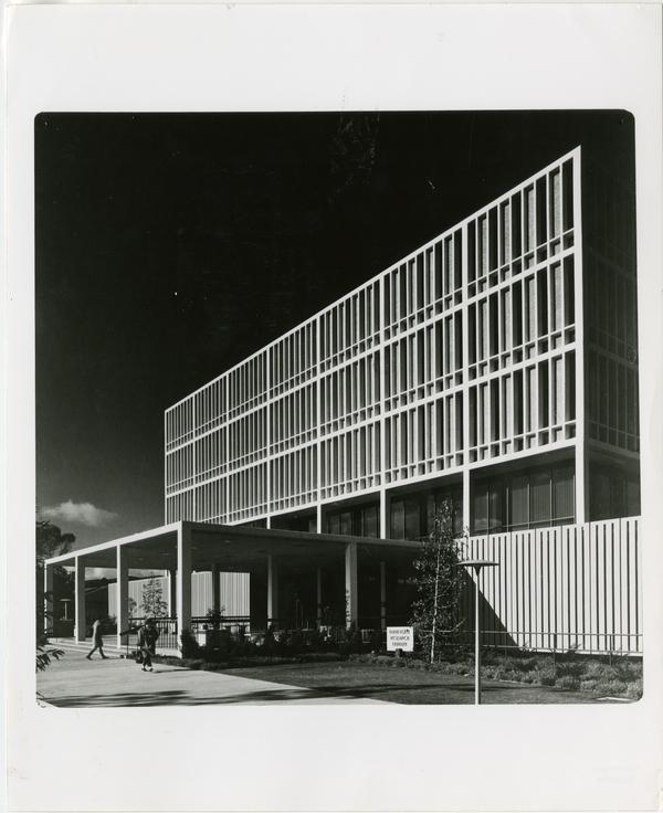 Side view of the University Research Library shortly after its completion