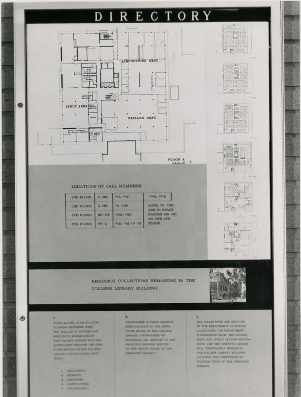 Directory of the layout of the University Research Library, ca. 1964