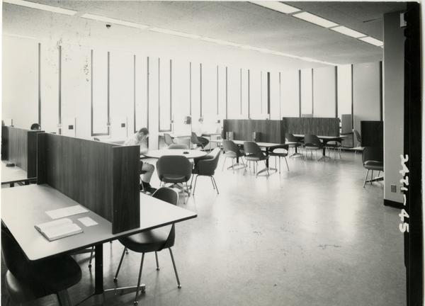 Students working in one of the study areas of the University Research Library, ca. 1964