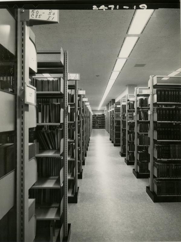 Looking down the stacks of the University Research Library, ca. 1964