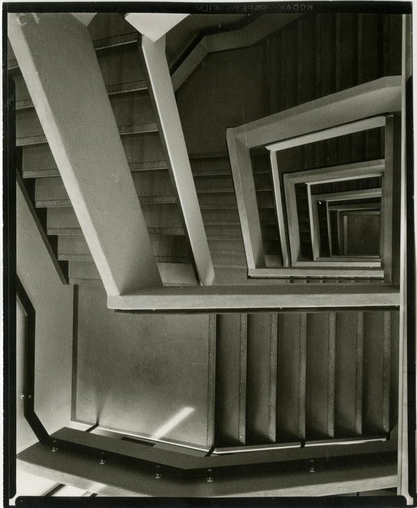 Looking down the staircase of the University Research Library, ca. 1964