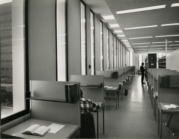 View of study cubicles on unidentified floor of University Research Library, ca. 1964