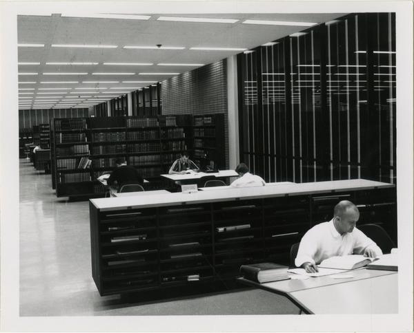 View of downstairs reading room in University Research Library, ca. 1964