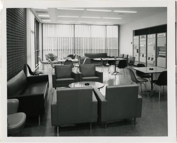 View of lounge area in University Research Library, ca. 1964