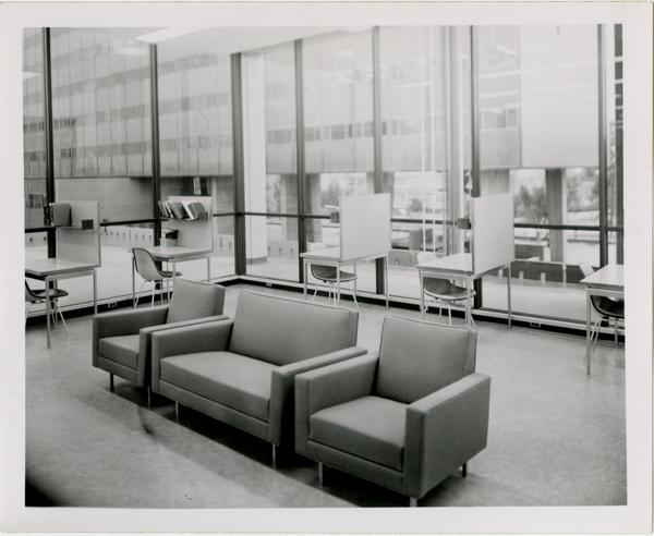 View of study cubicles on unidentified floor of University Research Library, ca. 1964