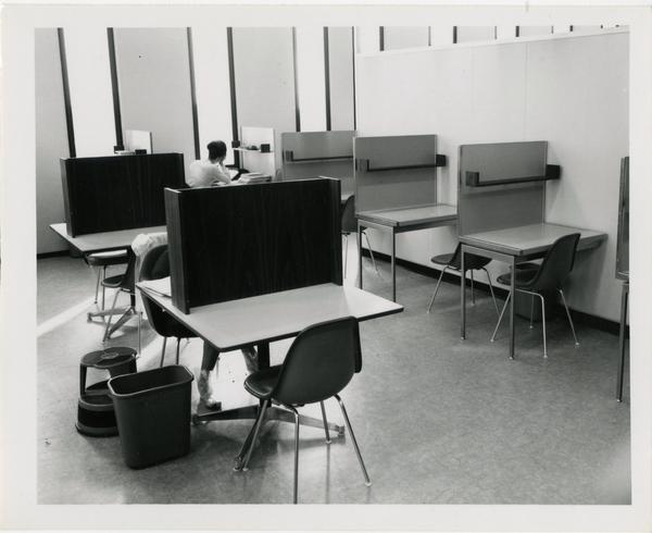 Students working in study cubicles in University Research Library, ca. 1964