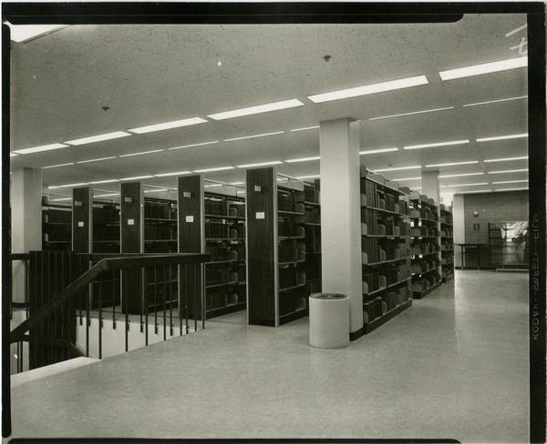Contact print of library stacks, ca. 1964