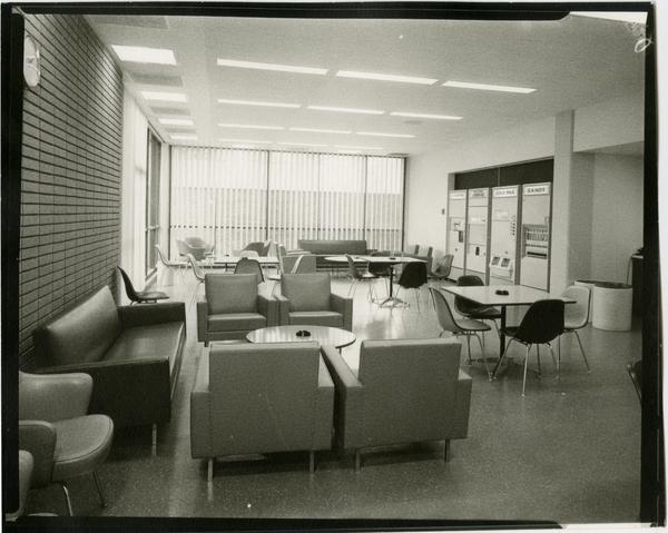 Contact print of view of lounge in University Research Library, ca. 1964