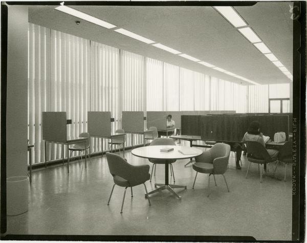 Contact print of students working in study cubicles in University Research Library, ca. 1964
