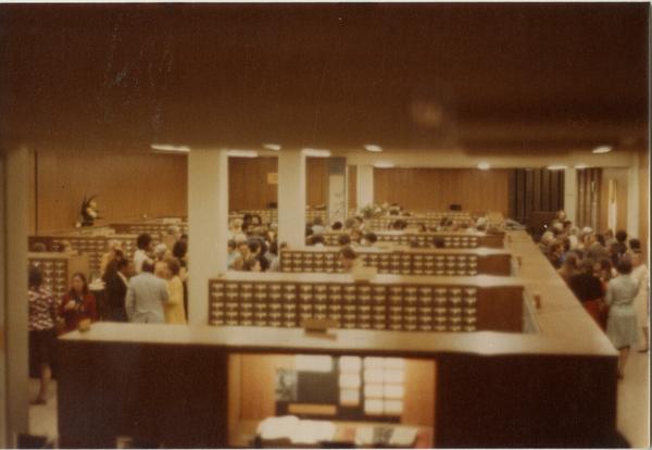 View from stairs down to A-level in University Research Library, ca. 1964