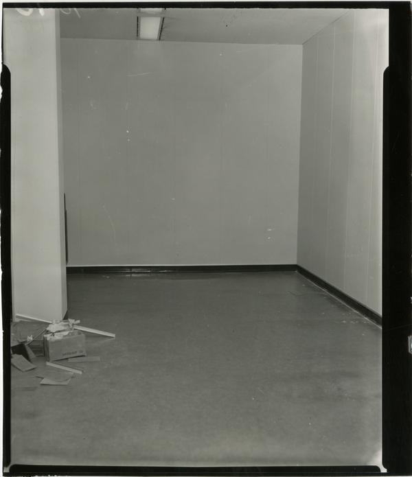 Contact print of empty corner during interior remodeling of University Research Library