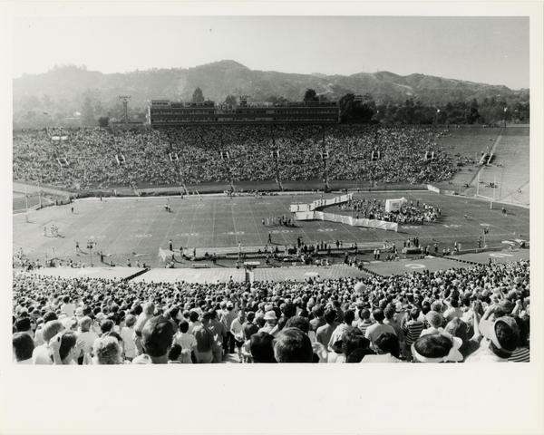 View of football stadium during 1984 game at USC