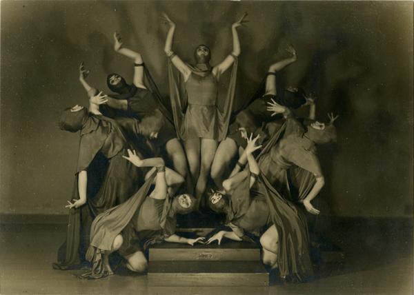 Dancers in pageant costumes pose, 1930