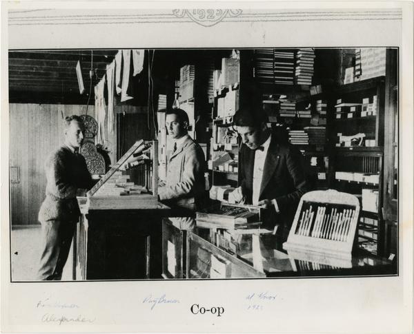 Ralph Alexander, Ray Brown, and Al Knox in the Students' Cooperative Store on Vermont Ave campus, 1923