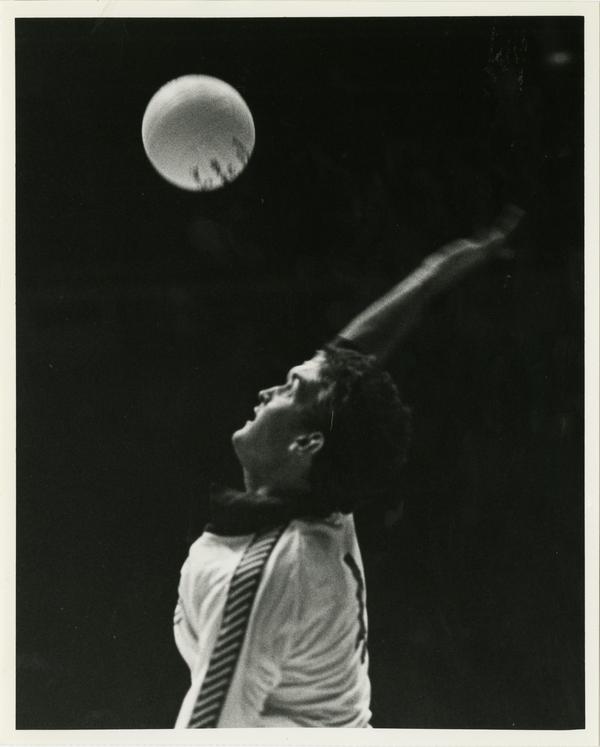 Close up of UCLA volleyball team player about to hit the ball, Dave Saunders