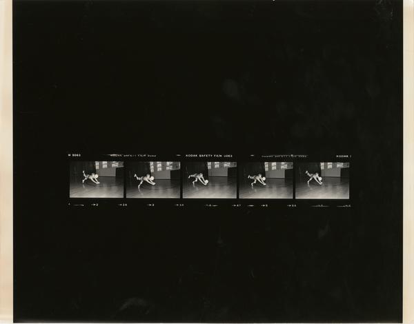 Contact sheet row of volleyball team player diving for the ball, 1978