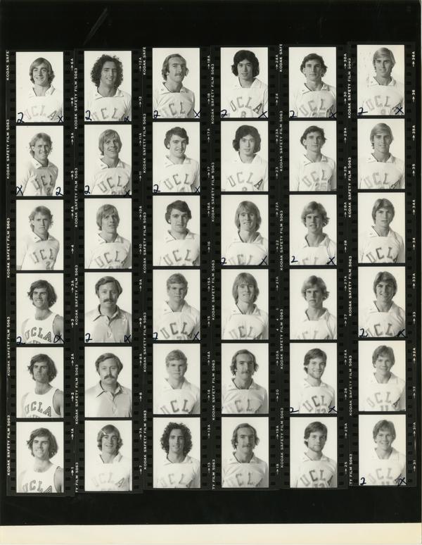 Contact sheet of volleyball team headshots and group shots, 1979