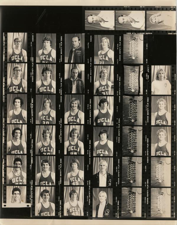 Contact sheet of volleyball team headshots and group shots, January 1979