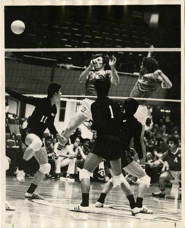 Action shot of volleyball team during a game