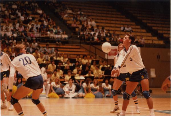 UCLA volleyball player setting the ball during a game, 1983