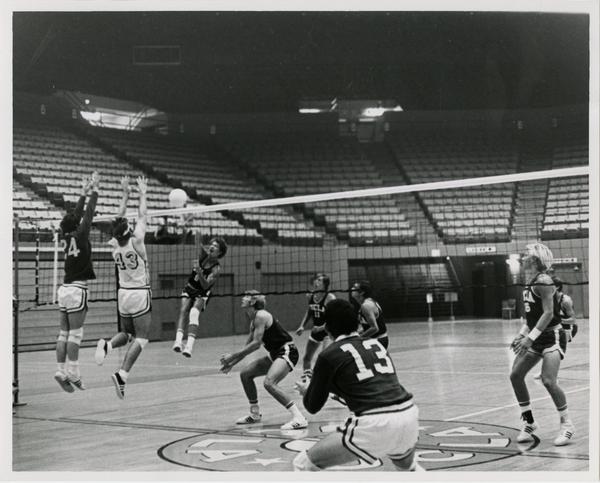 UCLA volleyball player spiking the ball over the net during a game with members of opposing team attempting to block during a game