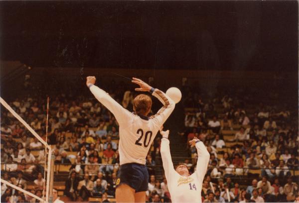 UCLA volleyball player reaching for the ball during a game, 1983