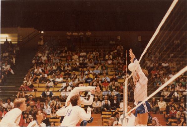 UCLA volleyball player spiking the ball over the net during a game with members of opposing team attempting to block, 1983